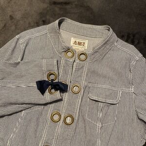 Womens Jacket Sz 1X Blue White Stripes Band Collar  Coastal Beach Preppy Cottage